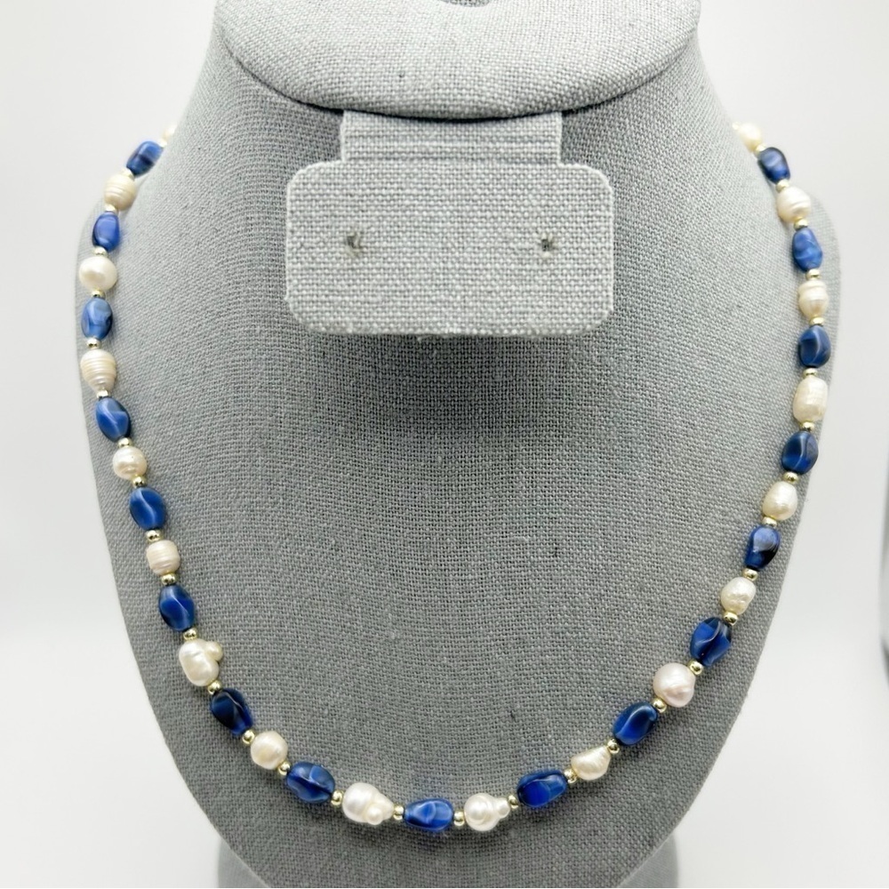 Vintage Baroque Freshwater Pearl & Blue Bead Necklace Gold Tone Spacers 19"